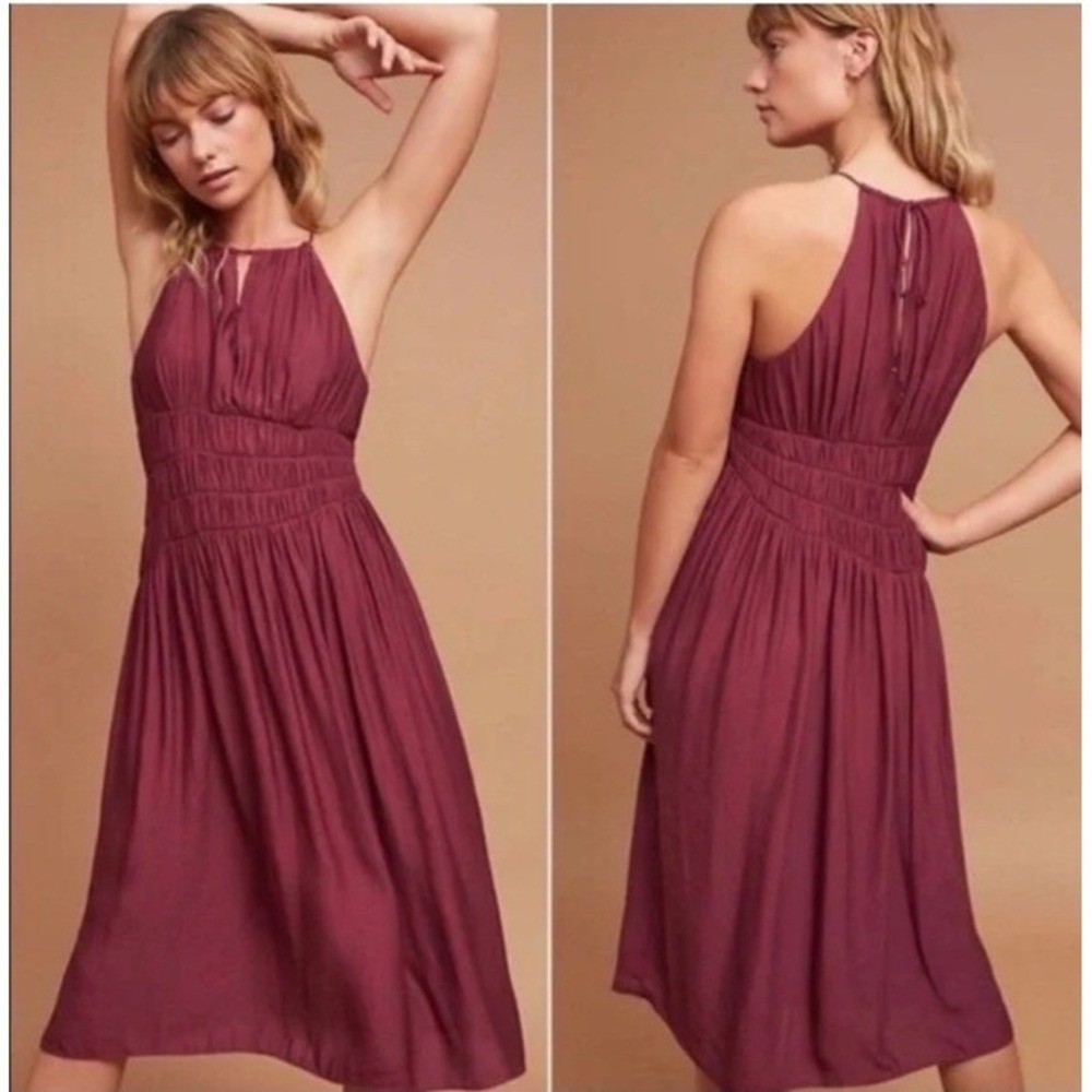 Moulinette Soeurs Anthropologie Smocked Halter Midi Dress Burgundy Plum Size 6
